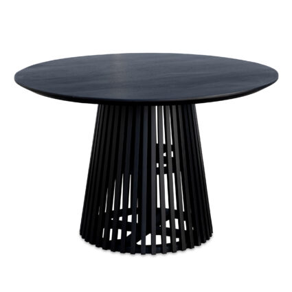 ronde eettafel, tafel, FSC-gecertificeerd mangohout, kegelvormige ontwerp, zwarte tafel, ronde tafel, zwarte mangohout,