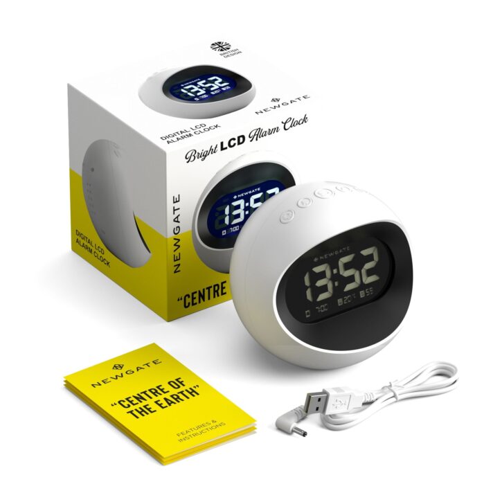 Digital Centre of the Earth Alarm Clock | White with Black LCD Display - Packaging