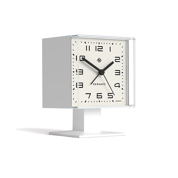 Retro Victor alarm clock by Newgate Clocks with a square case and an Arabic dial in matt white - Skew