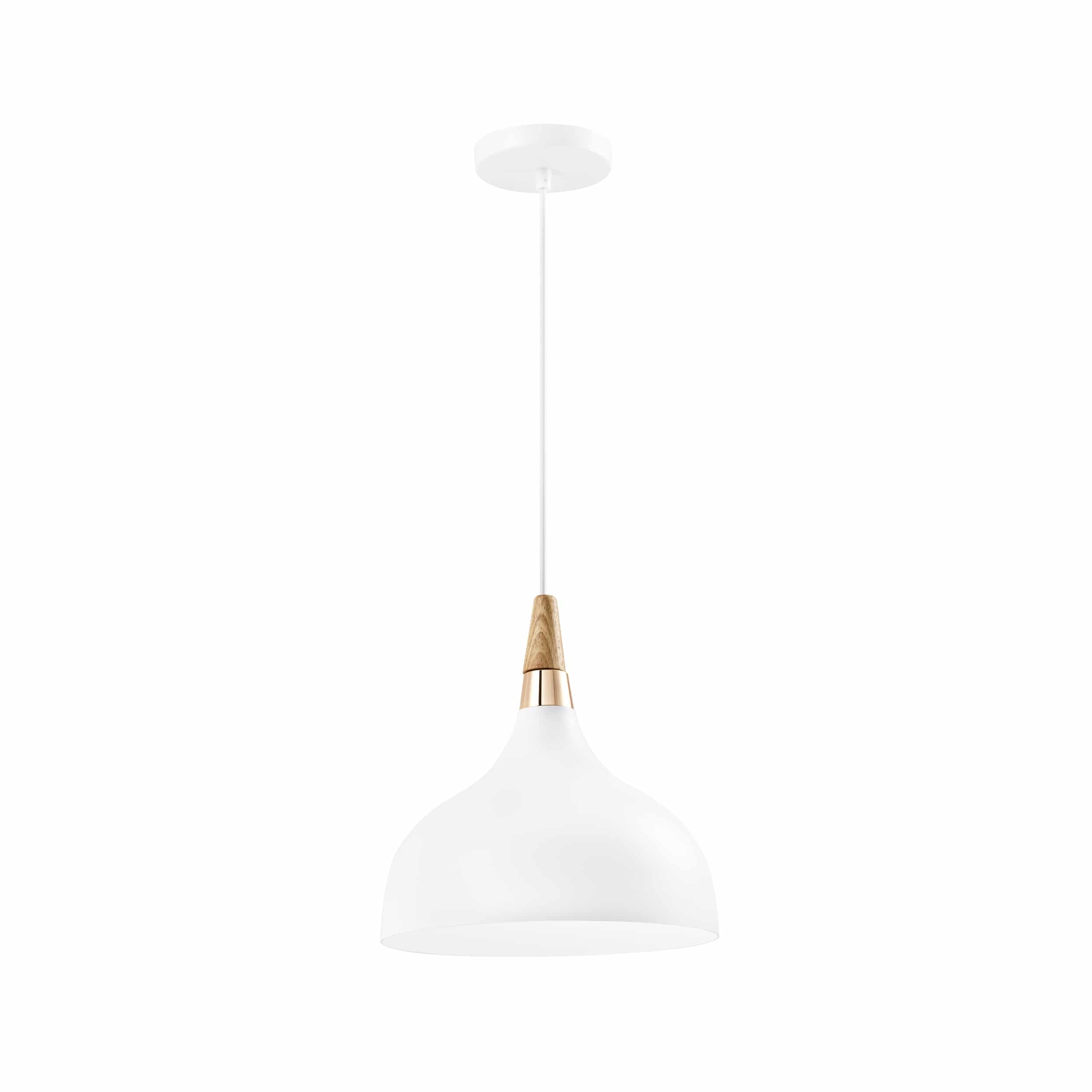 Hanglamp in de kleur wit met hout en metaal voor in de woonkamer