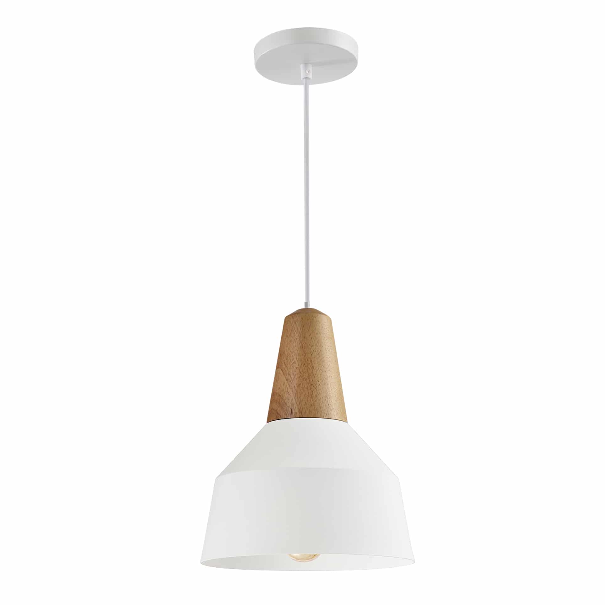 Witte hanglamp met bruin houten kop