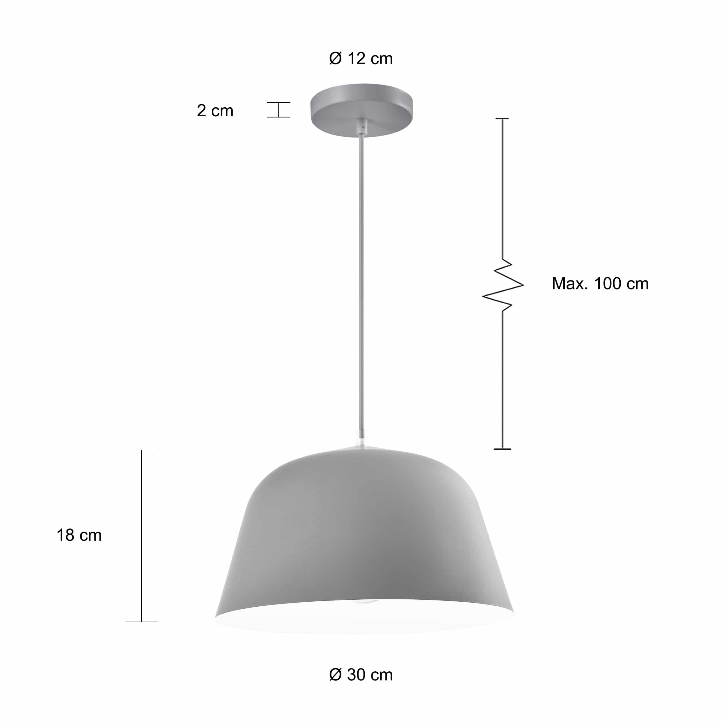 Afmetingen grijze simplistische hanglamp met witte binnenkant