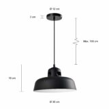 Afmetingen van de simplistische hanglamp in industriële stijl in de kleur zwart