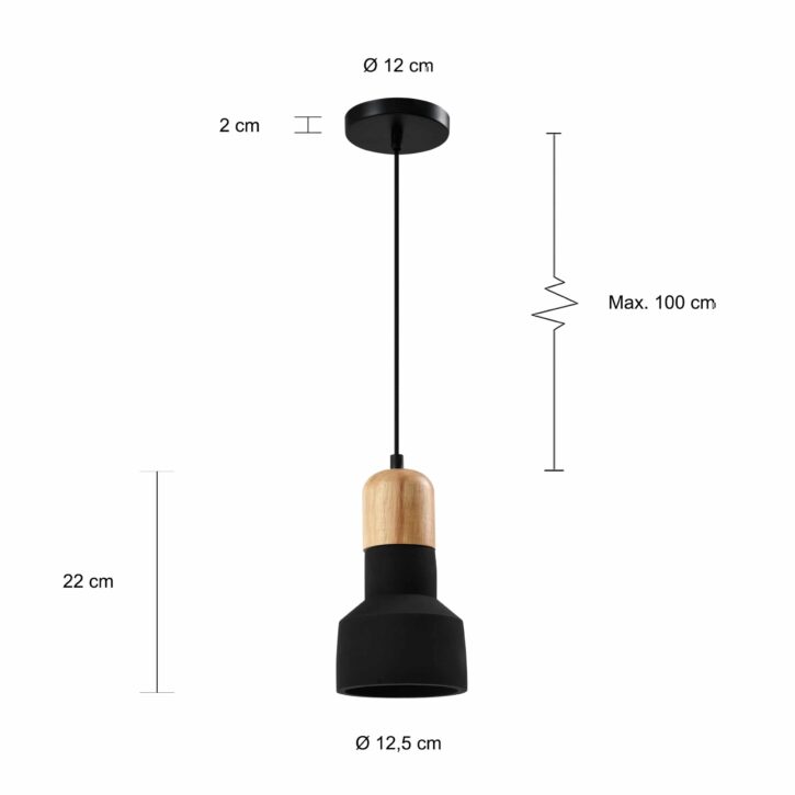 Afmetingen zwart landelijke hanglamp met een diameter van 12,5 cm