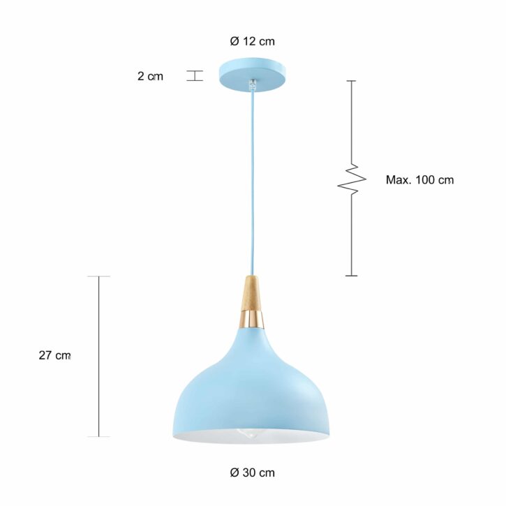 Afmetingen van de blauwe retro hanglamp met een diameter van 30 cm