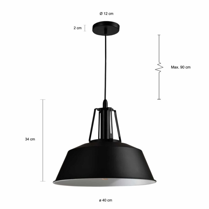 Zwarte hanglamp met een witte binnenkant en diameter van 40 cm