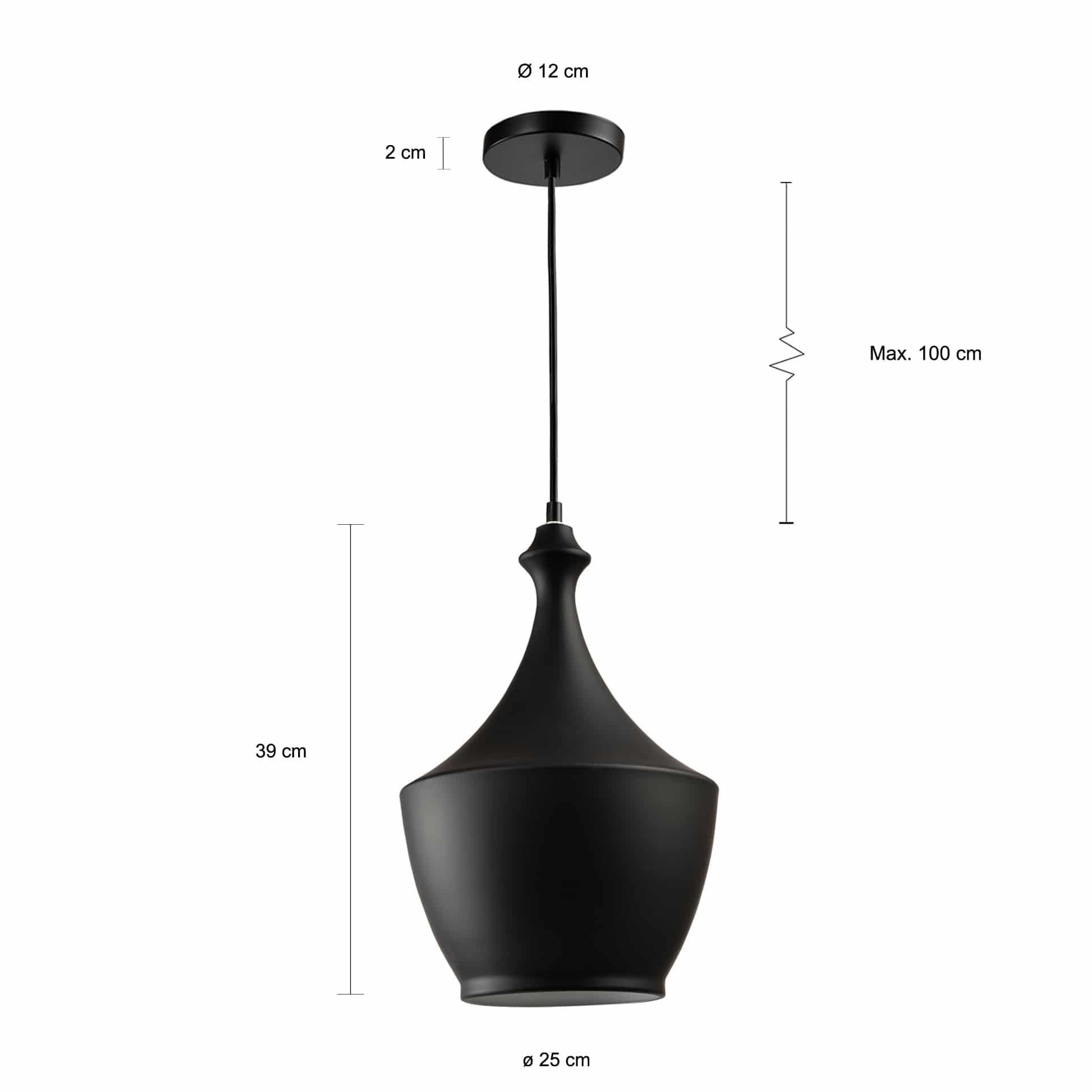 Zwart metalen lamp met een diameter van 25 cm